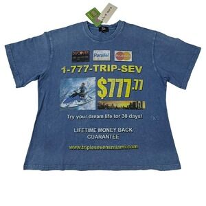 Triple Sevens Miami Graphic Tee Washed Blue Distressed Streetwear Mens Small
